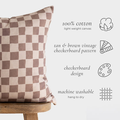 Tan and brown checkered pillow cover in light weight cotton canvas with alternating square pattern.