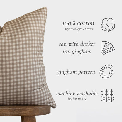 Tan and cream gingham lumbar pillow in 100% cotton canvas with checkered pattern.