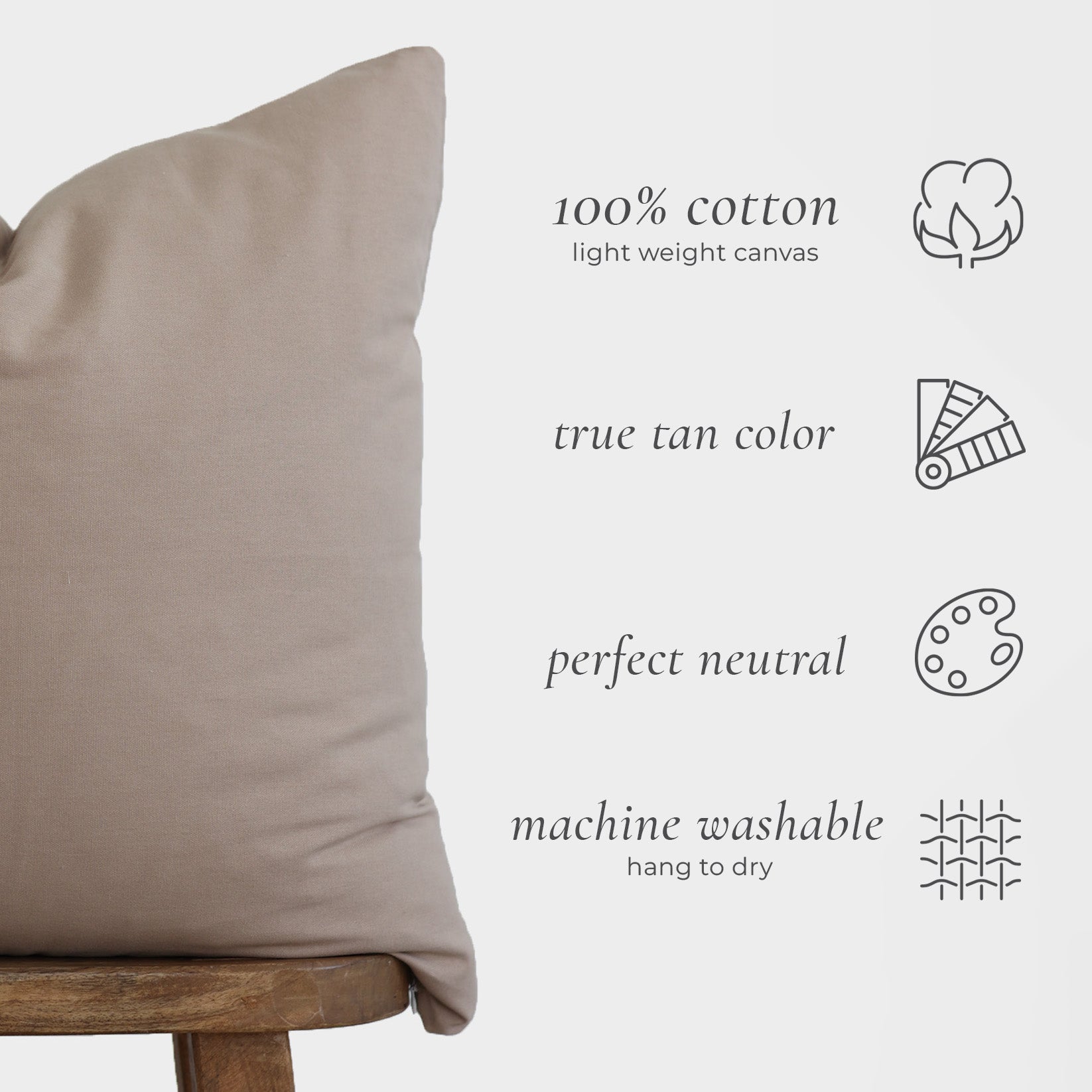 Tan cotton canvas pillow cover displayed on wooden chair with material and care details listed.