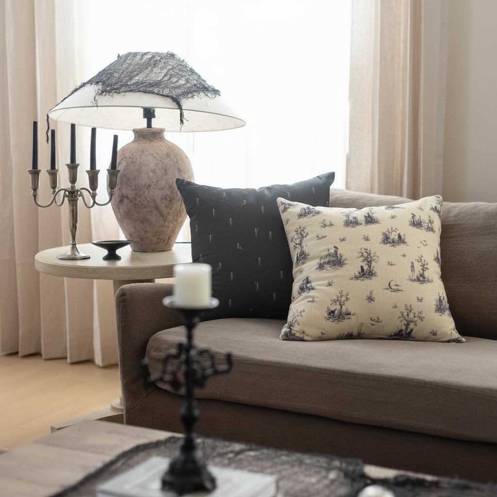 A styled living room scene featuring a gray sofa with two decorative throw pillows, one navy with skeletons and and one cream with a dark blue toile de Jouy pattern. 