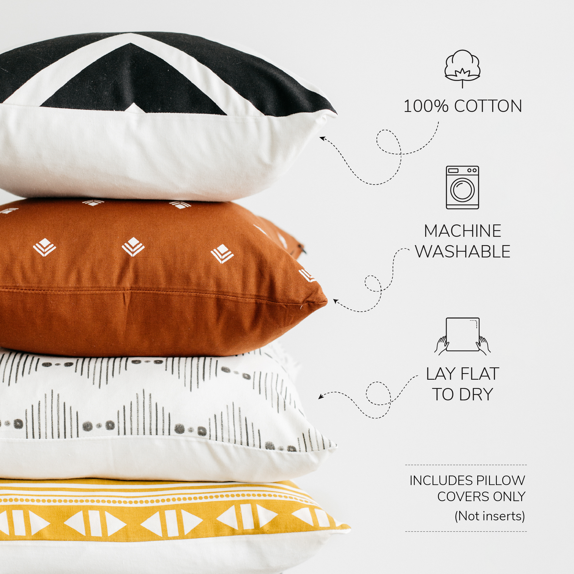 Four stacked 18" pillow covers in black and white, rust, cream with gray lines, and yellow with geometric patterns.