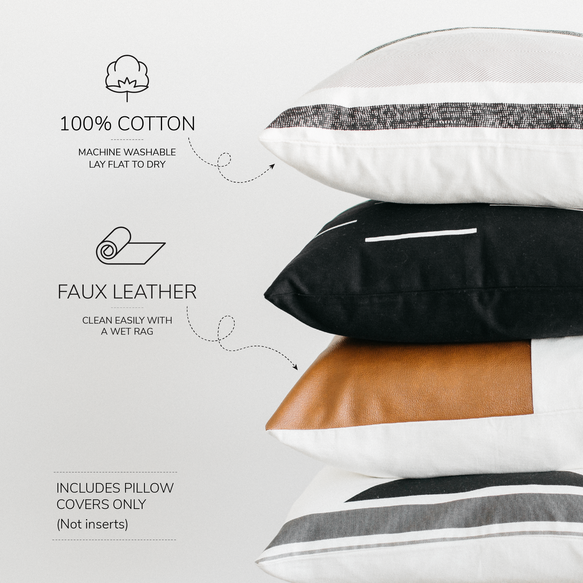 Four stacked pillow covers in white, black, tan, and gray with cotton and faux leather materials.