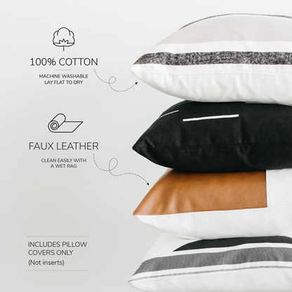 Four stacked pillow covers in white, black, tan, and gray with cotton and faux leather materials.