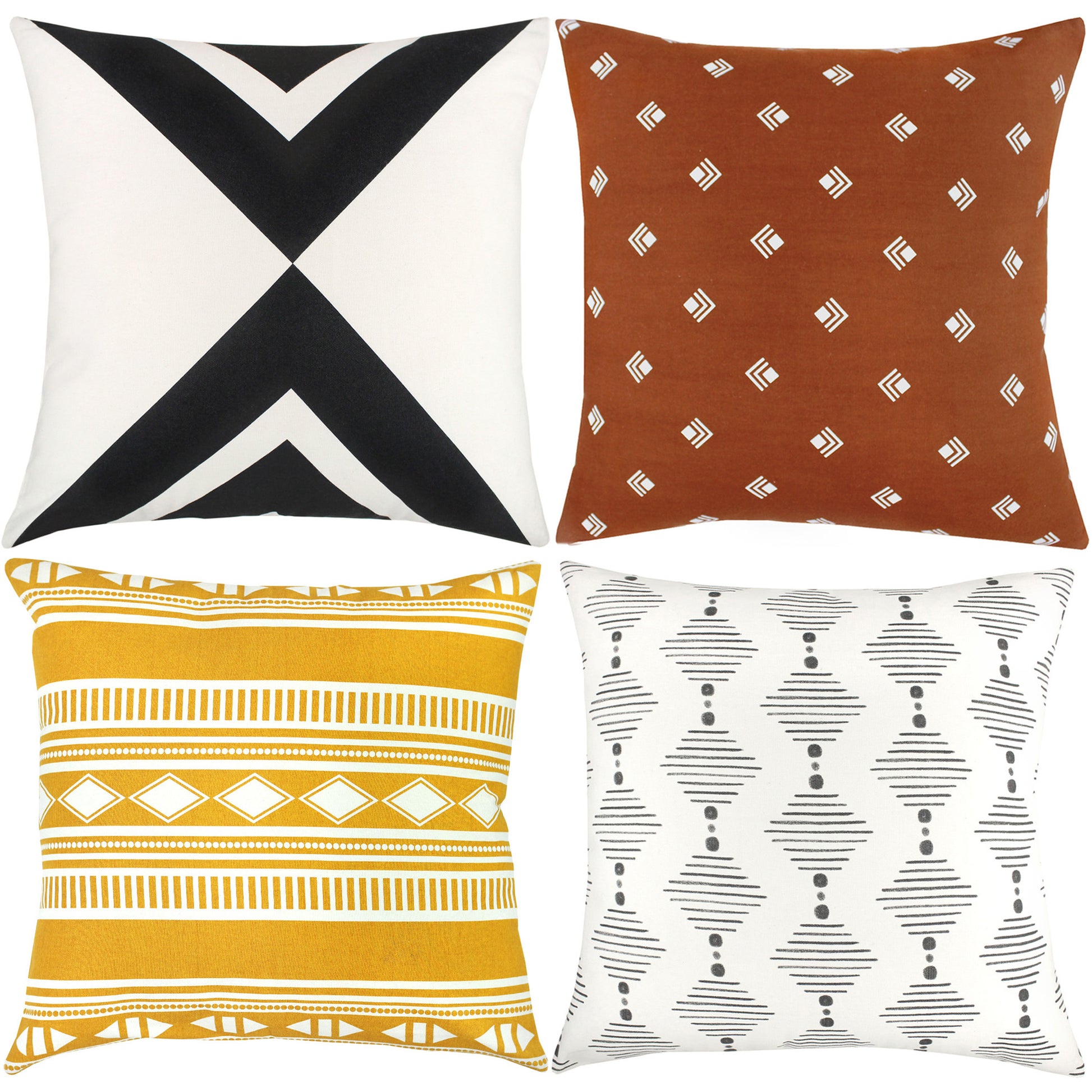 Four 18-inch decorative pillows with black and white geometric, rust diamond, golden striped, and cream diamond patterns.
