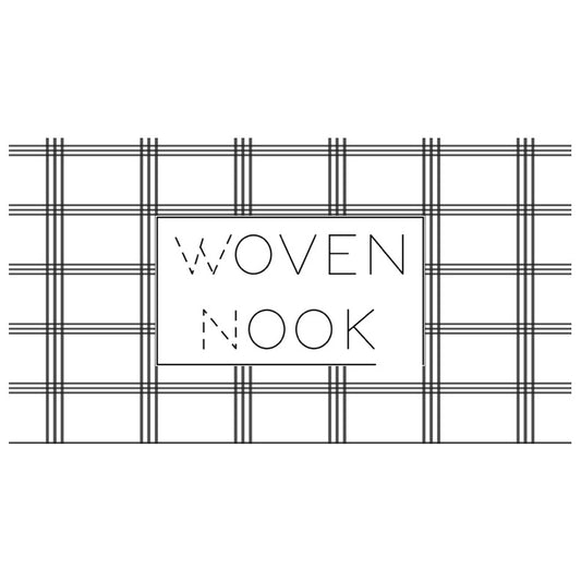 Woven Nook gift card with black text on white background and plaid pattern border.
