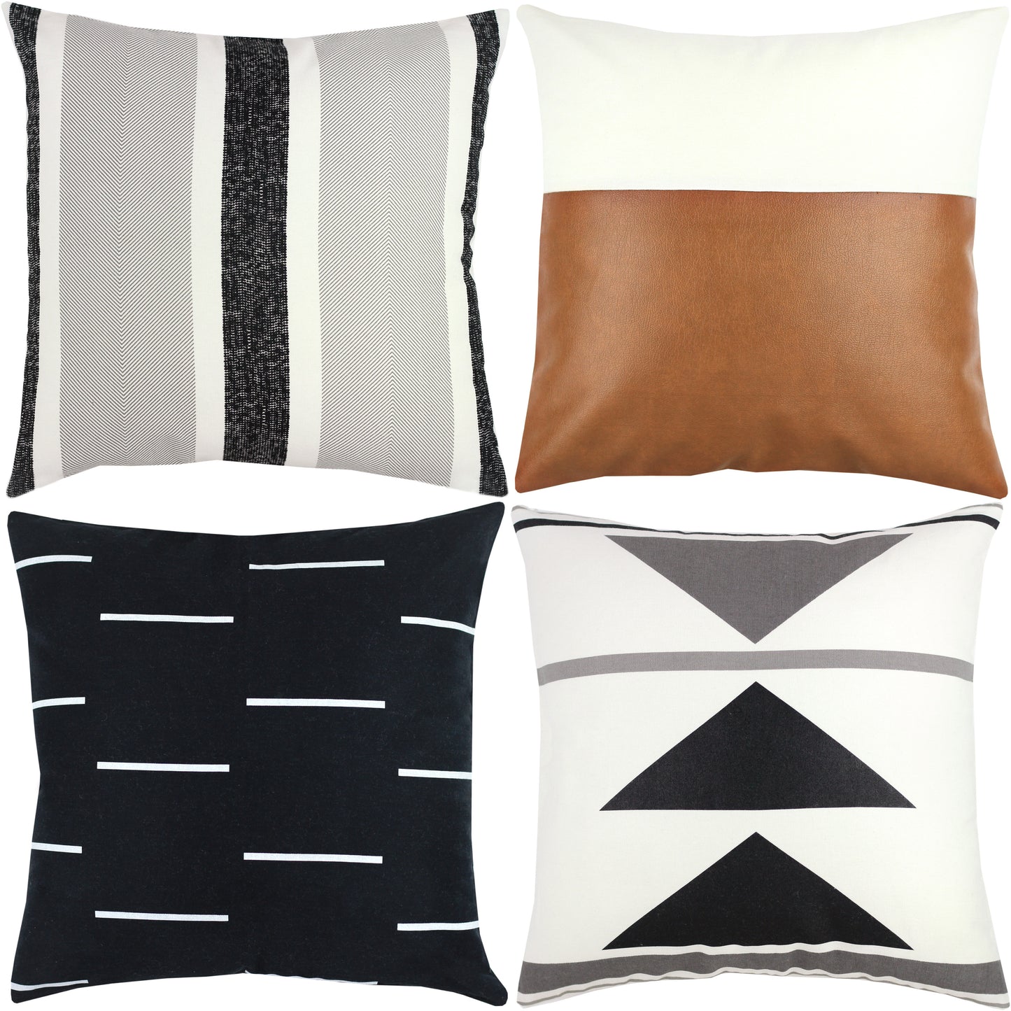 Four decorative pillows: striped gray/black/white, cognac leather, black with white dashes, and cream with geometric triangle