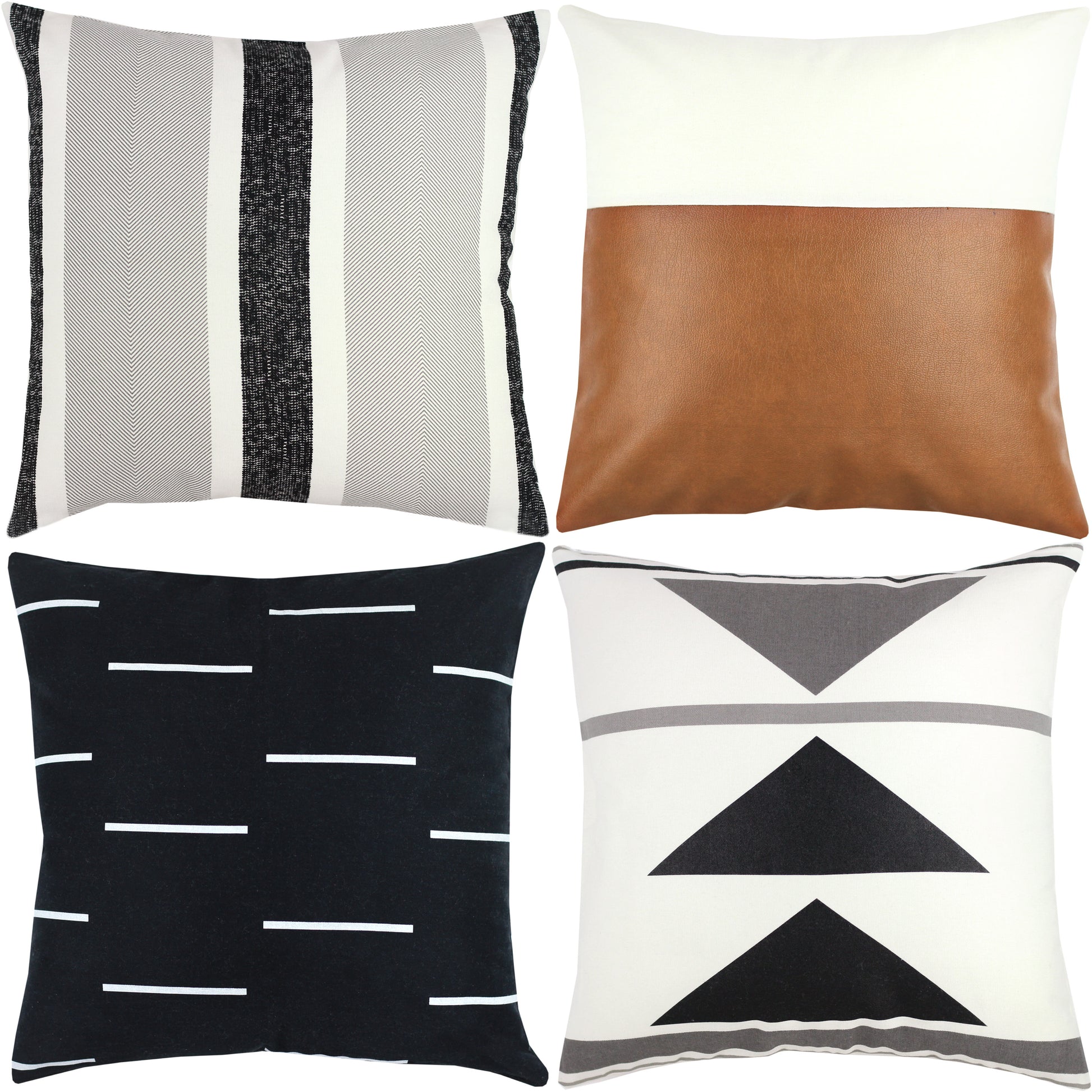 Four decorative pillows: striped gray/black/white, cognac leather, black with white dashes, and cream with geometric triangle