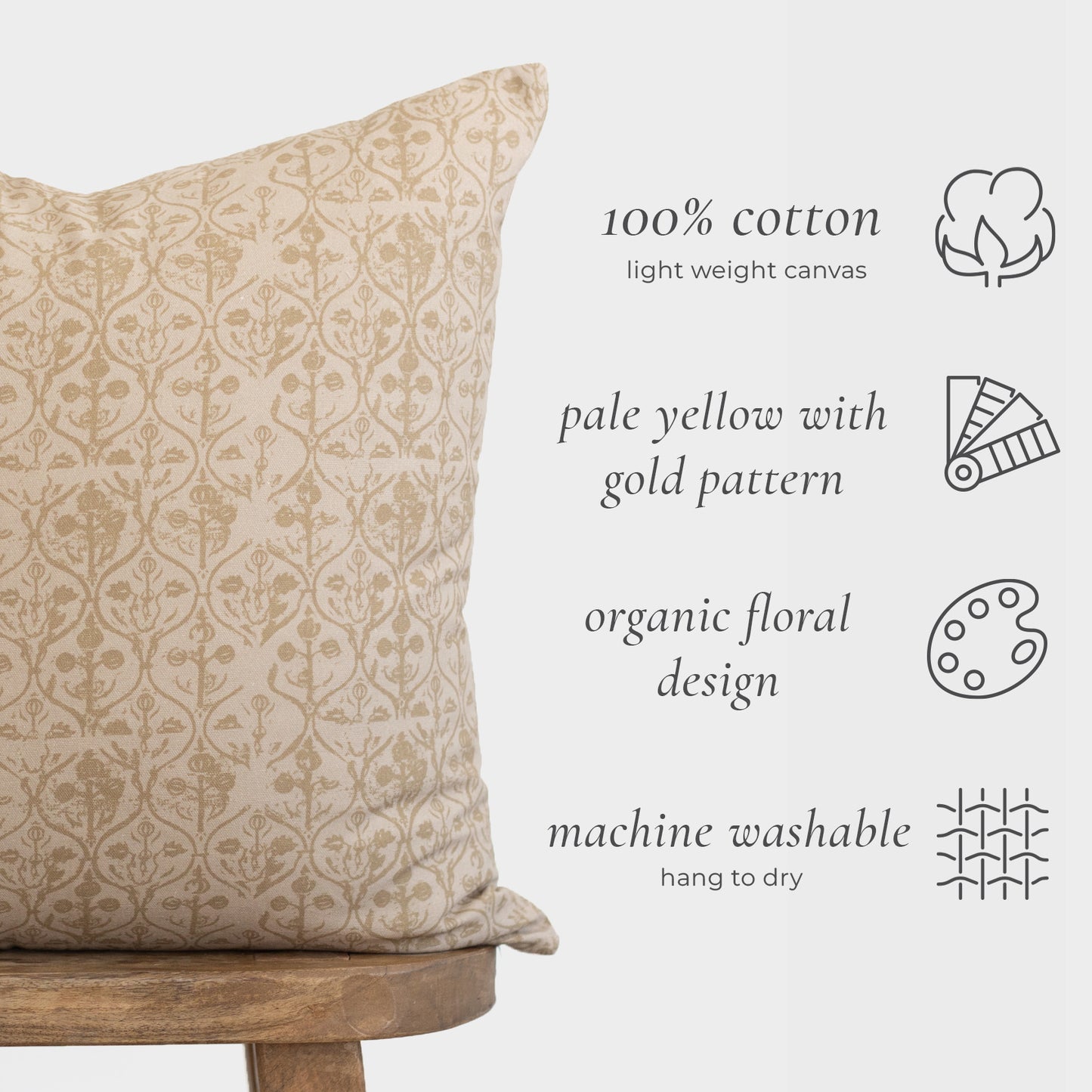 Pale yellow pillow cover with gold damask floral pattern in 100% cotton canvas.