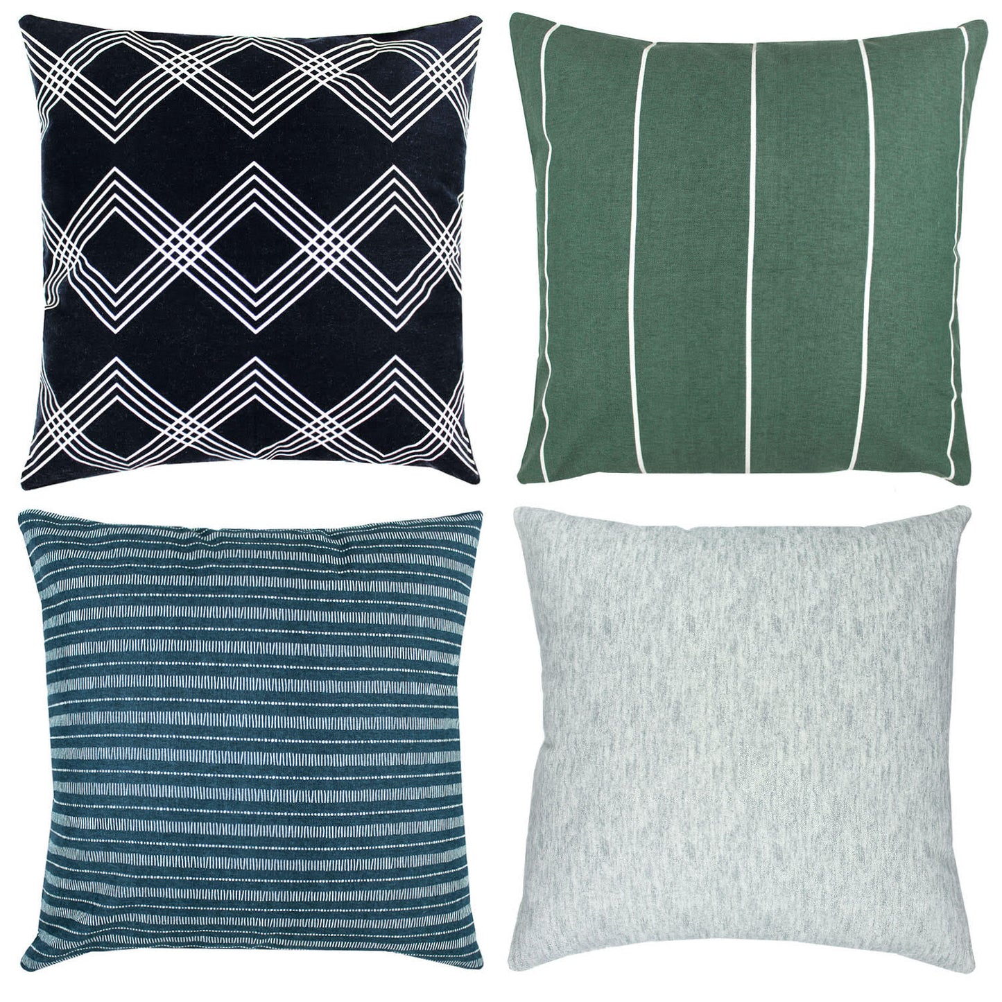 Four 18" throw pillows: black with white geometric diamonds, green with white vertical stripes, teal striped, and light gray 