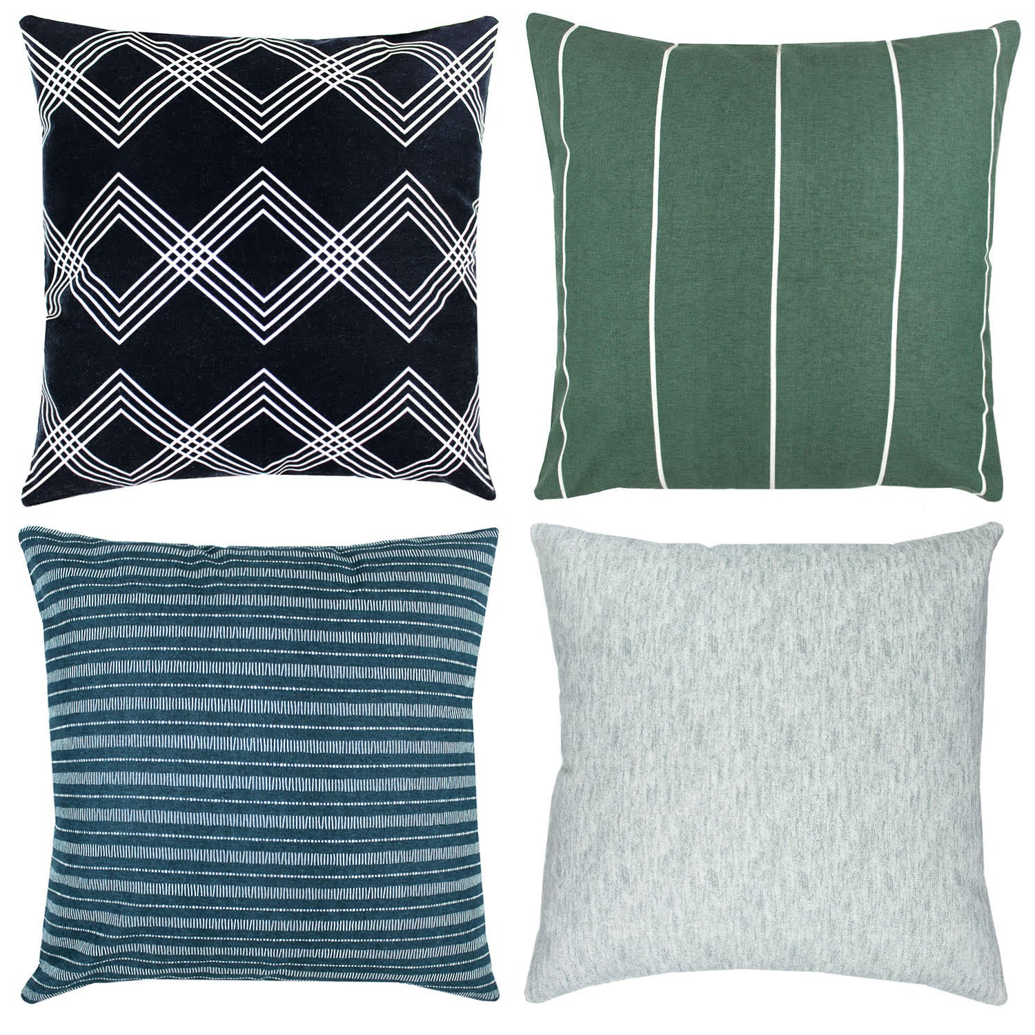 Four 18" throw pillows: black with white geometric diamonds, green with white vertical stripes, teal striped, and light gray 