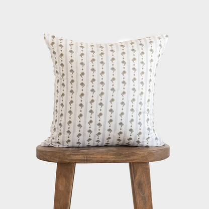 Cream-colored 18" pillow with vertical stripes and small floral motifs in taupe and sage green.