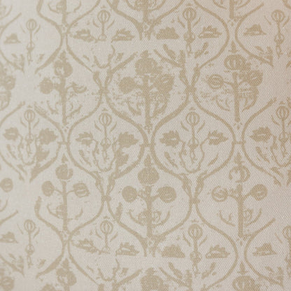 Cream and beige fabric with repeating hourglass and floral damask pattern throughout.